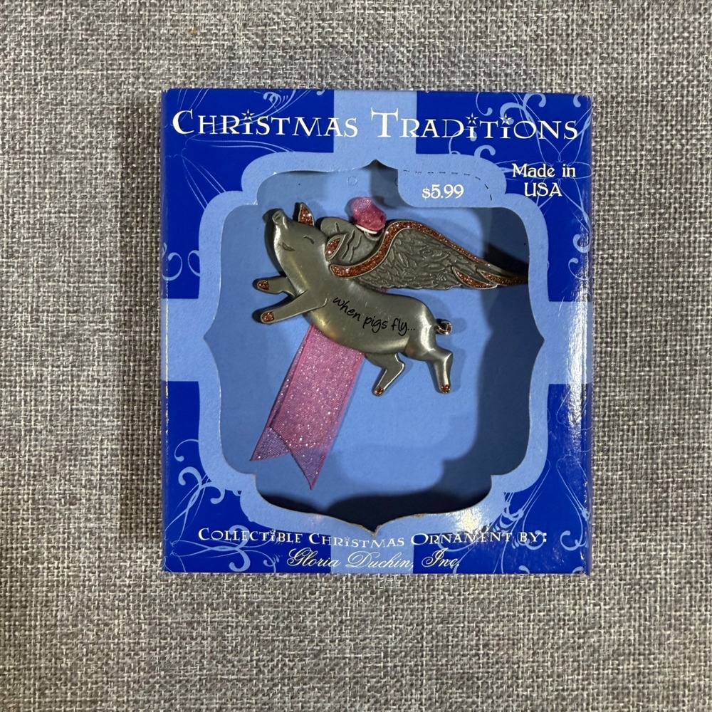 NWT VTG Gloria Duchin Flying Pig Ornament Silver Pink When Pigs Fly Whimsical